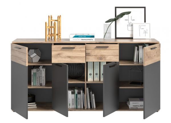 Sideboard Tomaso in Nox Eiche und Basalt grau, Kommode 180 x 87 cm mit Soft-Close