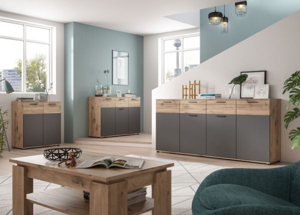TV-Lowboard Tomaso in Nox Eiche und Basalt Grau, TV Unterschrank 194 cm mit Soft-Close