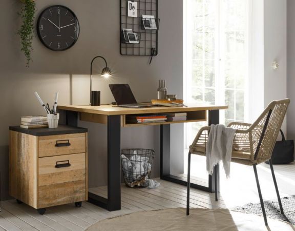 Schreibtisch Set mit Rollcontainer Stove in Used Wood hell und anthrazit