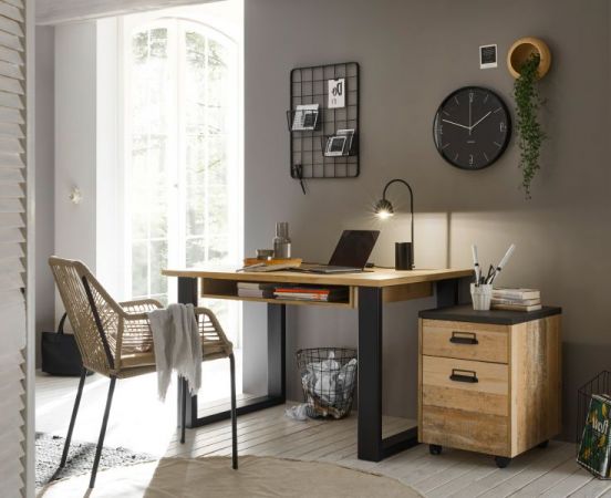Schreibtisch Set mit Rollcontainer Stove in Used Wood hell und anthrazit