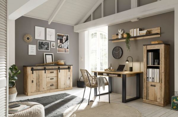 Schreibtisch Set mit Rollcontainer Stove in Used Wood hell und anthrazit
