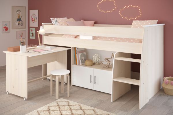 Parisot Kinder- und Jugendzimmer Charly5 in Akazie und wei� Set inklusive Kleiderschrank und Hochbett mit Schreibtisch