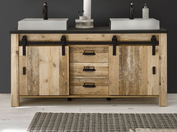 Doppelwaschtisch Stove in Used Wood hell und anthrazit Waschtisch Set inkl. 2 x Waschbecken 164 cm