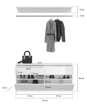 Garderobe Set 3-teilig SystemX in wei� Hochglanz Kommode und Kleiderstange 121 cm