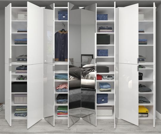 Kleiderschrank mit Spiegel SystemX in wei� Hochglanz Mehrzweckschrank mit Spiegelt�r 244 x 193 cm
