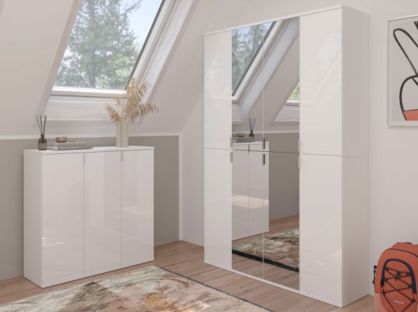 Garderobe und Kleiderschrank SystemX in wei� Hochglanz Mehrzweckschrank mit Spiegelt�r 122 x 193 cm