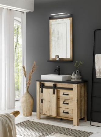Badm�bel Set 4-teilig Stove in Used Wood hell und anthrazit Badkombination MIT Waschbecken und LED Spiegellampe