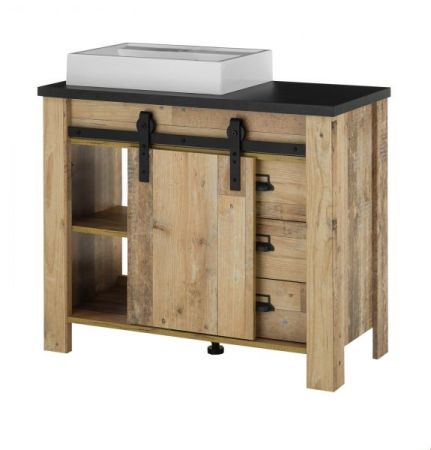 Badm�bel Set 4-teilig Stove in Used Wood hell und anthrazit Badkombination MIT Waschbecken und LED Spiegellampe