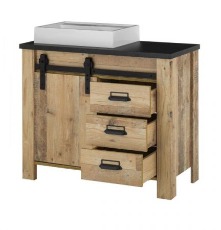 Badm�bel Set 4-teilig Stove in Used Wood hell und anthrazit Badkombination MIT Waschbecken und LED Spiegellampe
