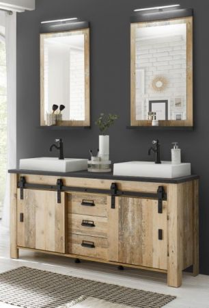 Badm�bel Set Stove in Used Wood hell und anthrazit Doppelwaschtisch MIT Waschbecken und LED Spiegellampe