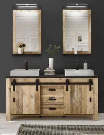 Badm�bel Set Stove in Used Wood hell und anthrazit Doppelwaschtisch MIT Waschbecken und LED Spiegellampe