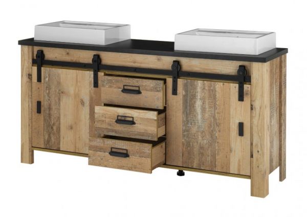 Badm�bel Set Stove in Used Wood hell und anthrazit Doppelwaschtisch MIT Waschbecken und LED Spiegellampe