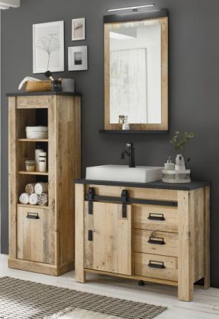 Badm�bel Set 5-teilig Stove in Used Wood hell und anthrazit Badkombination MIT Waschbecken und LED Spiegellampe