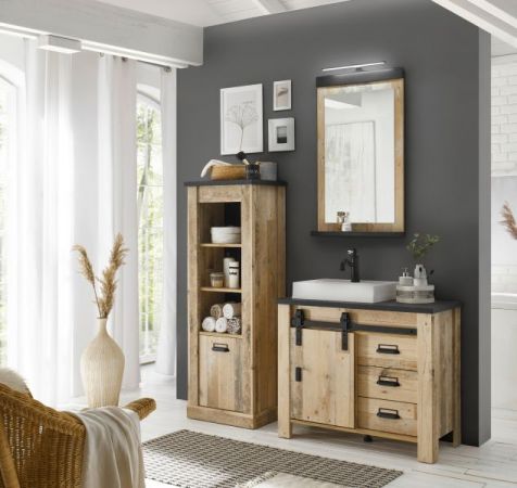 Badm�bel Set 5-teilig Stove in Used Wood hell und anthrazit Badkombination MIT Waschbecken und LED Spiegellampe