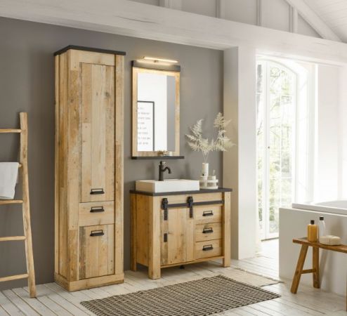 Badm�bel Set 5-teilig Stove in Used Wood hell und anthrazit Badkombination MIT Waschbecken und LED Spiegellampe
