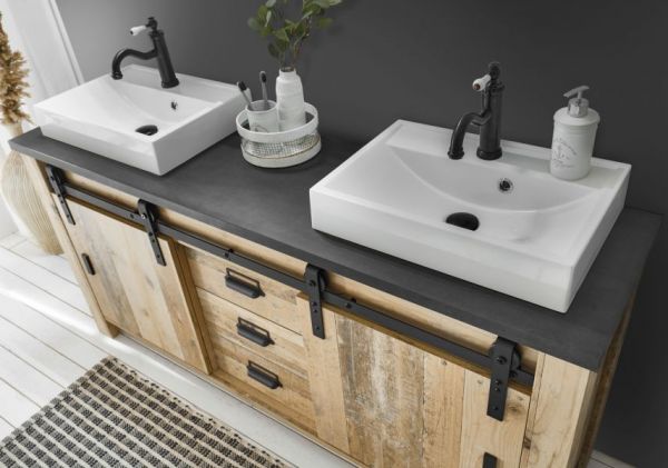 Badm�bel Set Stove in Used Wood hell und anthrazit Doppelwaschtisch MIT Waschbecken und LED Spiegellampe
