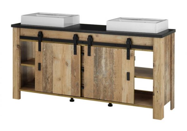 Badm�bel Set Stove in Used Wood hell und anthrazit Doppelwaschtisch MIT Waschbecken und LED Spiegellampe