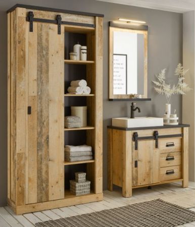 Badm�bel Set 5-teilig Stove in Used Wood hell und anthrazit Badkombination MIT Waschbecken und LED Spiegellampe