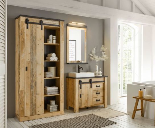 Badm�bel Set 5-teilig Stove in Used Wood hell und anthrazit Badkombination MIT Waschbecken und LED Spiegellampe