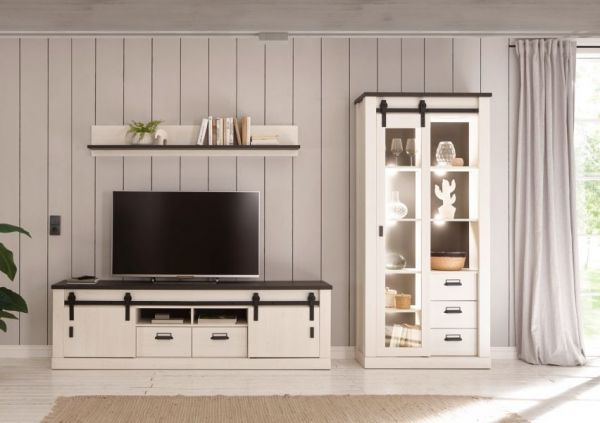 Vitrine Stove in wei� Pinie und anthrazit Landhaus Vitrinenschrank 93 x 201 cm