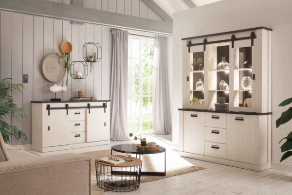 Sideboard Stove in wei� Pinie und anthrazit Landhaus Kommode 162 x 91 cm