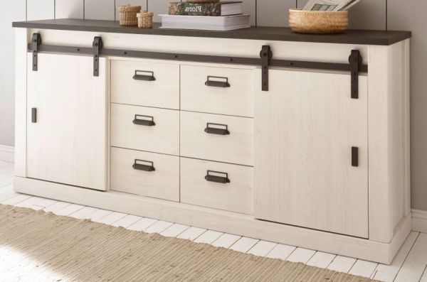 Sideboard Stove in wei� Pinie und anthrazit Landhaus Kommode 201 x 91 cm