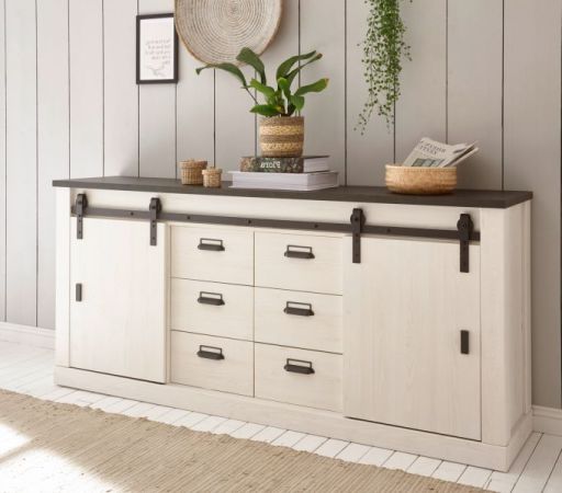 Sideboard Stove in wei� Pinie und anthrazit Landhaus Kommode 201 x 91 cm