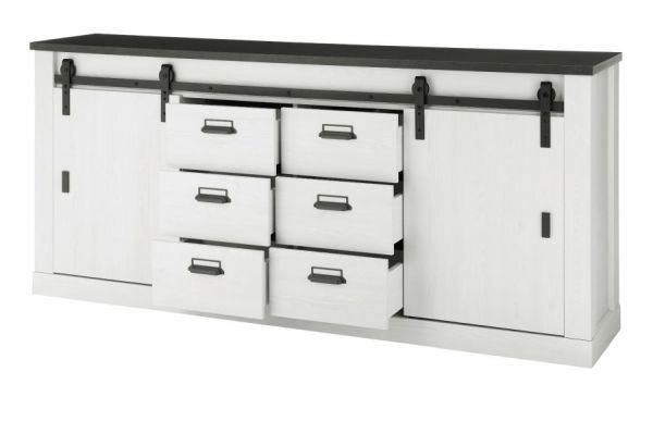 Sideboard Stove in wei� Pinie und anthrazit Landhaus Kommode 201 x 91 cm