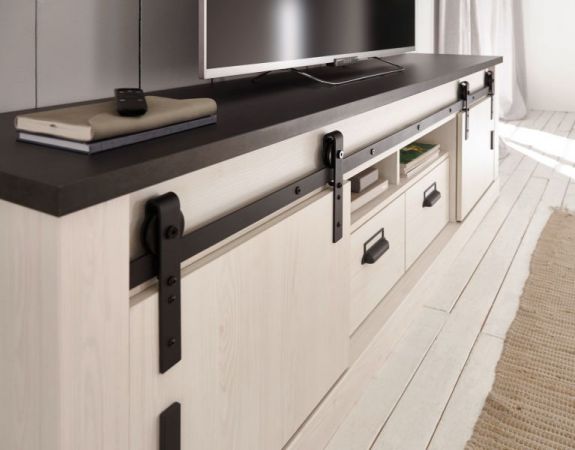 Wohnwand Stove in wei� Pinie und anthrazit Landhaus Wohnkombination 3-teilig 314 x 170 cm