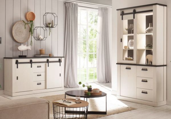 Wohn- und Esszimmer Set Stove in wei� Pinie und anthrazit Landhaus Wohnkombination 2-teilig mit Vitrine und Sideboard