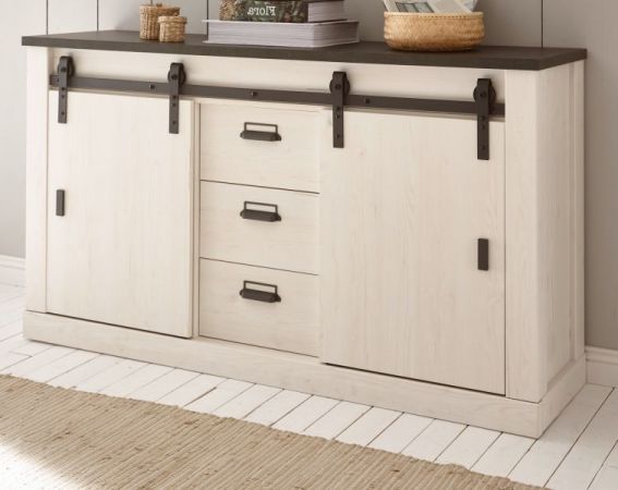 Wohn- und Esszimmer Set Stove in wei� Pinie und anthrazit Landhaus Wohnkombination 2-teilig mit Vitrine und Sideboard