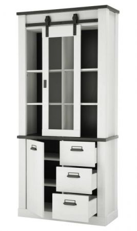 Wohn- und Esszimmer Set Stove in wei� Pinie und anthrazit Landhaus Wohnkombination 2-teilig mit Vitrine und Sideboard