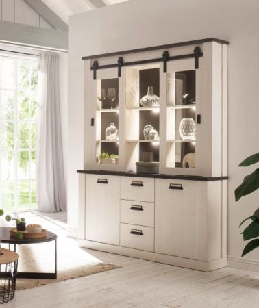Wohn- und Esszimmer Set Stove in wei� Pinie und anthrazit Landhaus Wohnkombination 2-teilig mit Buffetschrank und Sideboard