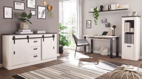 B�ro Kommode Stove in wei� Pinie und anthrazit Landhaus Sideboard 162 x 91 cm