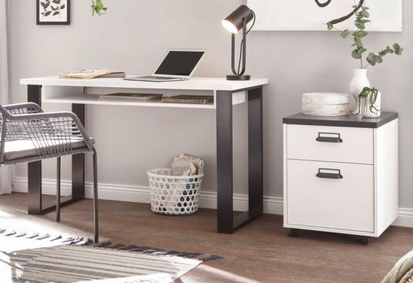 Schreibtisch Set mit Rollcontainer Stove in wei� Pinie und anthrazit Landhaus