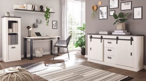 B�rom�bel komplett Set Stove in wei� Pinie und anthrazit Landhaus mit Aktenregal, Kommode und Wandregal