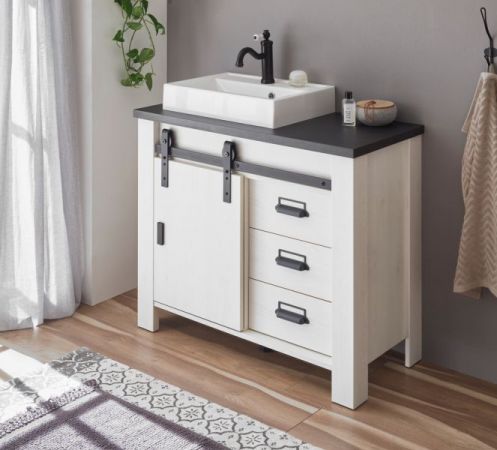 Waschbeckenunterschrank MIT Waschbecken Stove in wei� Pinie und anthrazit Landhaus Waschtisch 95 cm