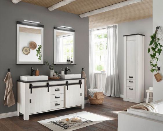 Badezimmer Hochschrank Stove in wei� Pinie und anthrazit Landhaus Badschrank 51 x 201 cm