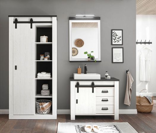 Badezimmer Hochschrank Stove in wei� Pinie und anthrazit Landhaus Badm�bel Regalschrank 93 x 201 cm