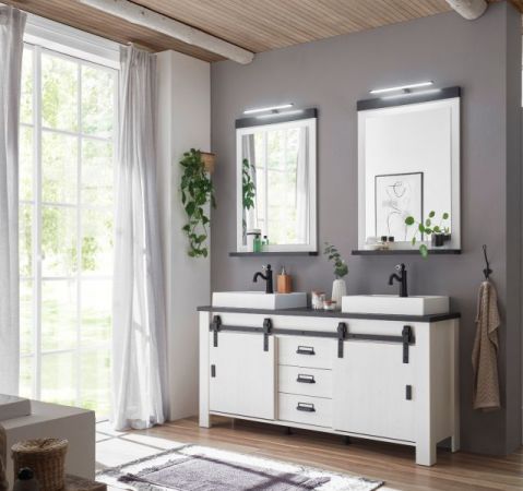 Badm�bel Set Stove in wei� Pinie und anthrazit Landhaus Doppelwaschtisch MIT Waschbecken und LED Spiegellampe
