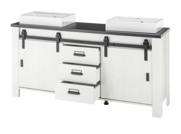 Badm�bel Set Stove in wei� Pinie und anthrazit Landhaus Doppelwaschtisch MIT Waschbecken und LED Spiegellampe