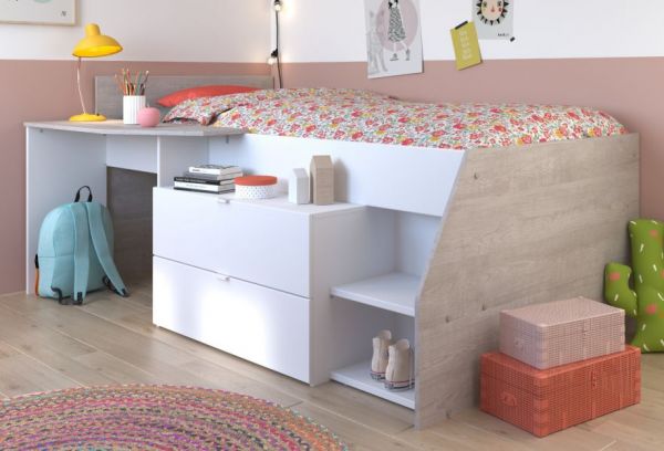 Parisot Hochbett Milky1 in wei� und grau Loft Kinder- und Jugendzimmer Bett mit Stauraum