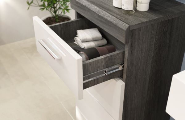 Badezimmer Kommode Shawn in wei� Hochglanz und Rauchsilber grau Badschrank 37 x 88 cm