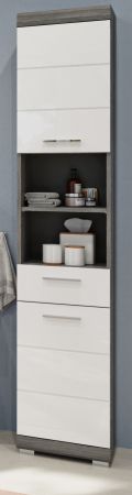 Badezimmer Hochschrank Shawn in wei� Hochglanz und Rauchsilber grau Badschrank 37 x 191 cm