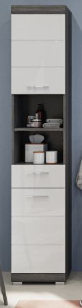 Badezimmer Hochschrank Shawn in wei� Hochglanz und Rauchsilber grau Badschrank 37 x 191 cm