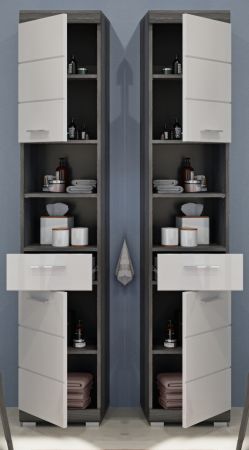 Badezimmer Hochschrank Shawn in wei� Hochglanz und Rauchsilber grau Badschrank 37 x 191 cm