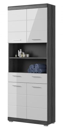 Badezimmer Hochschrank Shawn in wei� Hochglanz und Rauchsilber grau Badschrank 74 x 191 cm