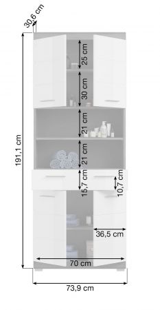 Badezimmer Hochschrank Shawn in wei� Hochglanz und Rauchsilber grau Badschrank 74 x 191 cm