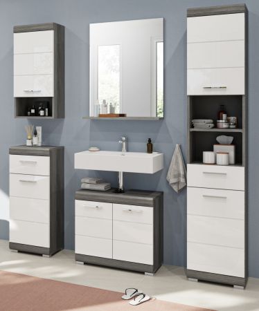 Badm�bel Set 5-teilig Shawn in wei� Hochglanz und Rauchsilber grau Badkombination 164 x 191 cm