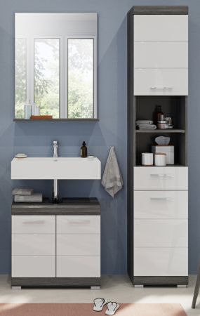 Badm�bel Set 3-teilig Shawn in wei� Hochglanz und Rauchsilber grau Badkombination 112 x 191 cm